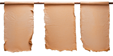 Old parchment scrolls hanging on a rustic rope, ready for writing in a historical setting