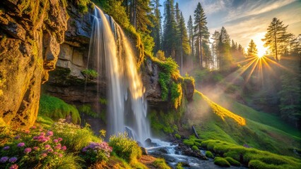 Fototapeta premium Golden Rays Illuminating a Cascading Waterfall Amidst Lush Greenery and a Forest of Tall Trees