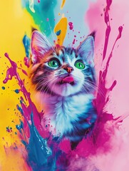 Cat with green eyes near paint splatters