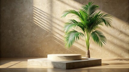 Fototapeta premium Minimalist Product Display with Palm Tree and Sunlight on a Textured Wall