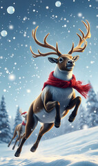 Christmas scene, flying reindeer, snow landscape