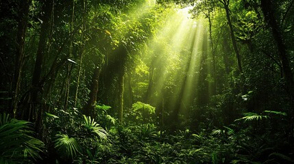 Obraz premium Sunlight filtering through lush green tropical rainforest canopy