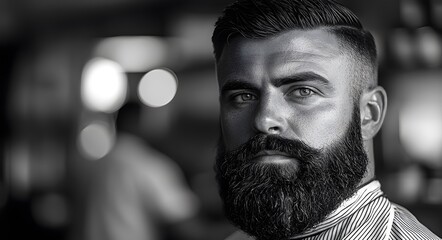 A black and white portrait of a young man with a full beard and well-groomed hairstyle.