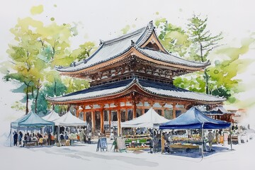 Fototapeta premium Gateway to enter the Kamakura Daibutsu, Kotokuin Temple. Japan Digital watercolor painting. 