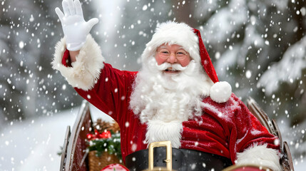 A Santa Claus waving goodbye with a sleigh packed for travel, set against a snowy background 