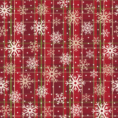 Seamless Pattern of Christmas Snowflakes with Vintage Plaid Backgrounds- Christmas Vector Illustration