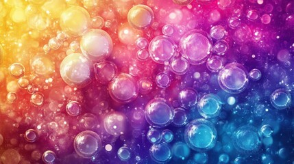 Vibrant abstract background featuring colorful bubbles against a gradient backdrop of purple, pink, and orange hues.