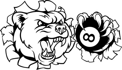 A bear angry mean pool billiards mascot cartoon character holding a black 8 ball.