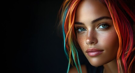 Naklejka premium A close-up of a young woman with vibrant, multi-colored hair that blends shades of orange, red, blue and blonde. Her hair flows in soft waves, framing her face with a natural, effortless beauty.