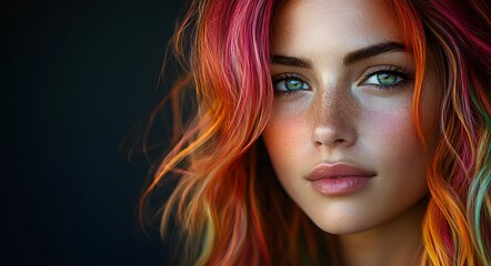 Fototapeta premium A close-up of a young woman with vibrant, multi-colored hair that blends shades of orange, red, blue and blonde. Her hair flows in soft waves, framing her face with a natural, effortless beauty.