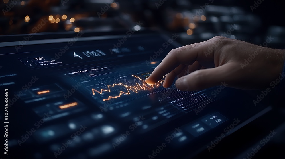 Leinwandbilder A hand interacts with a digital touchscreen display, showcasing glowing data visualizations and graphs in a dark, high-tech environment.