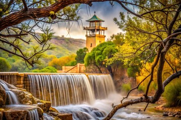 Fototapeta premium Raindrops cling to dry bushes as water cascades through branches, with a mini graduation tower piece subtly integrated into the surrounding tranquil landscape.