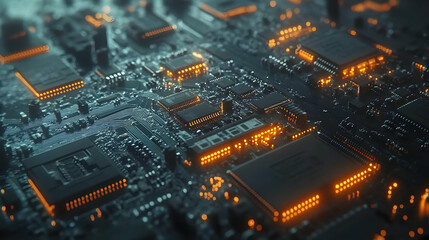Fototapeta premium Circuit Board with Glowing Components 3D Illustration
