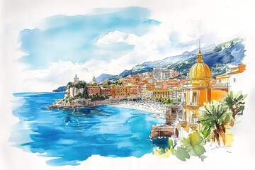 hand drawn pencil and watercolor painting of beautiful Cote d'Azur. Seascape painting with blue sea, beach, buildings, island, plants, resort, beautiful coastal view and bright blue sky