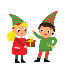 Cute Elves with Christmas Present