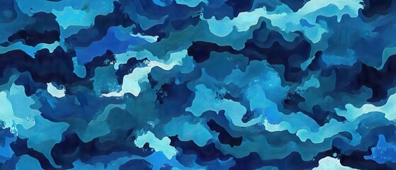 Fototapeta premium Oceanic Camo Design, deep blues and greens, abstract shapes create a flat marine-inspired pattern, perfect for textiles or apparel.