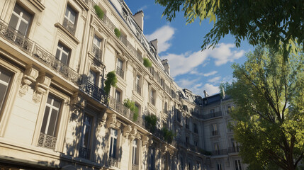 Fototapeta premium Photo de Bâtiments Haussmanniens à Paris par Journée Ensoleillée