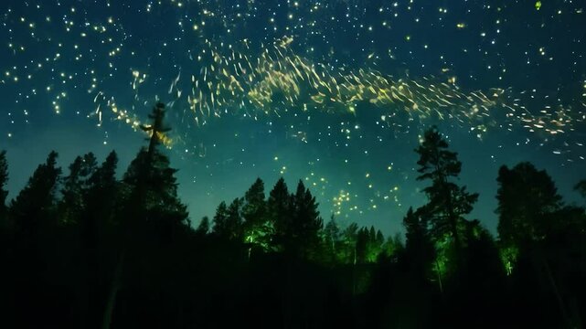 Fireworks exploding over forest at night