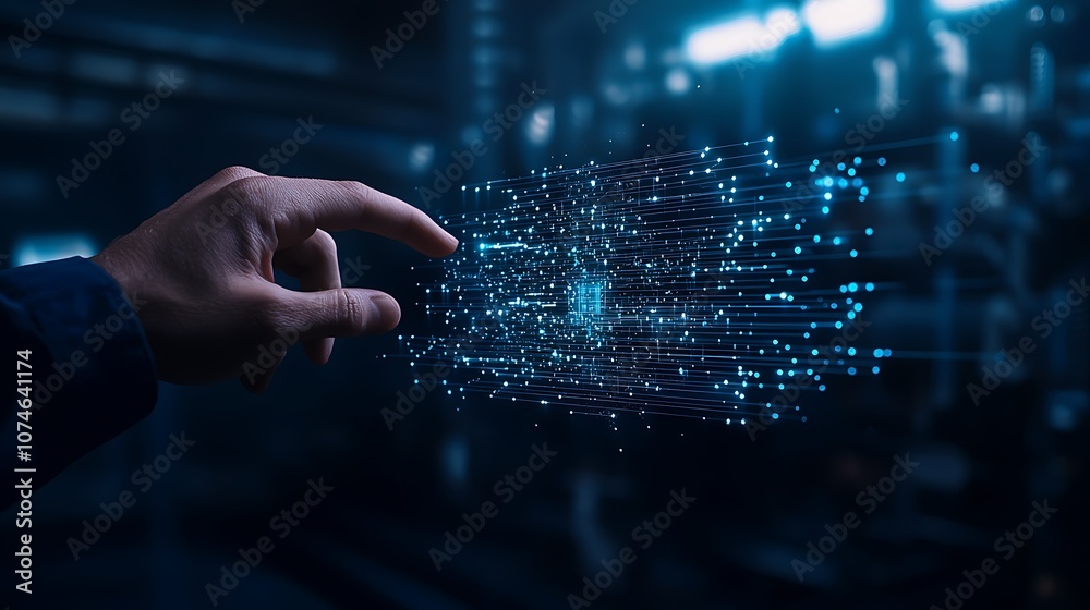 Poster a hand reaching out, interacting with a holographic display of glowing data particles in a dark, hig