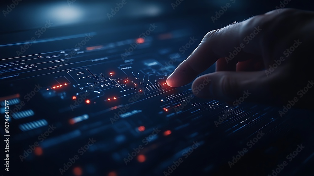 Fototapete a hand interacts with a digital interface, showcasing data points and visual elements in a futuristi