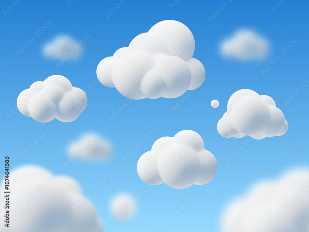 Wall mural cartoon 3d clouds on sky background. cloudy weather, cute render rounded shapes, white fluffy summer