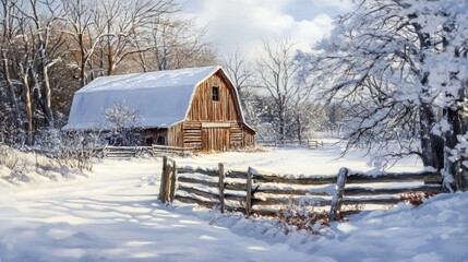 A rustic wooden barn stands tall against a snowy backdrop, its roof blanketed in white, showcasing a serene winter scene.