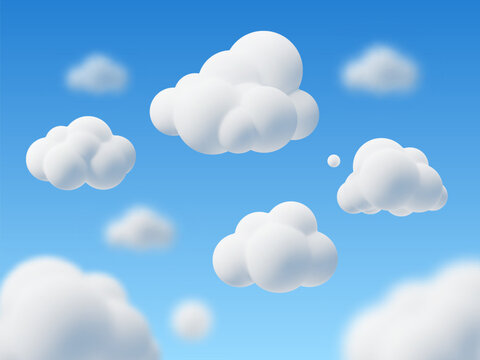 Cartoon 3d clouds on sky background. Cloudy weather, cute render rounded shapes, white fluffy summer season elements in kids clay style, backdrop design, banner or poster vector concept