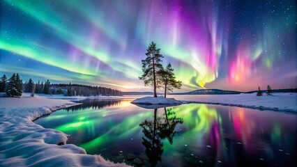 A Lone Pine Stands Witness to the Dance of the Aurora Borealis in a Winter Wonderland