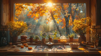 Autumn or fall season. The Warmth of Baked Delights. A scene of a cozy kitchen filled with the warm glow of an oven, where autumnal pies, cakes, and breads are baking.