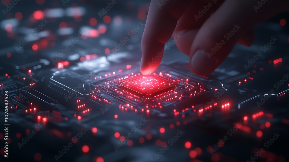Poster a glowing red microchip is touched by a finger against a dark, illuminated digital background, symbo