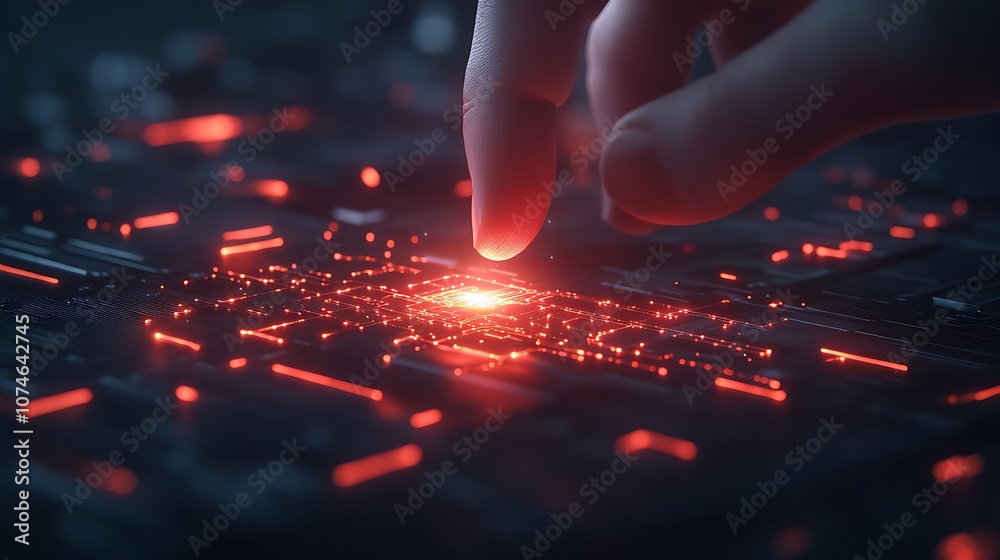 Poster a hand touches glowing circuitry, emitting vibrant red light against a dark technological backdrop, 