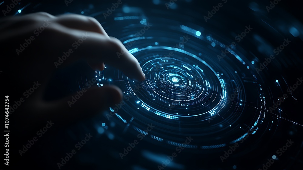 Poster a hand touches a glowing, swirling pattern of light, creating ripples in a dark, cosmic-like environ
