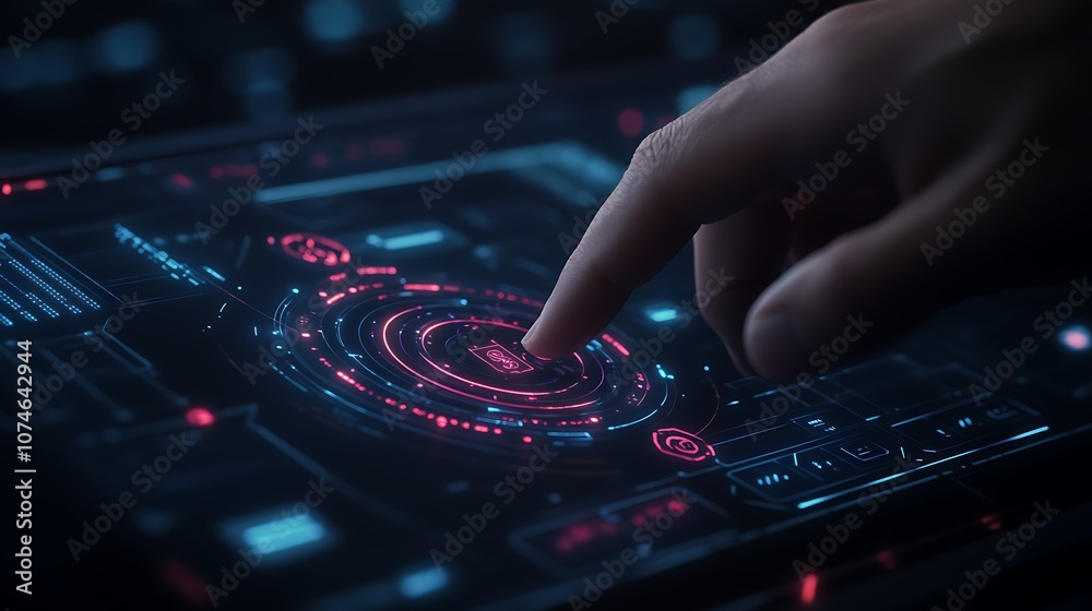 Aufkleber a hand interacts with a futuristic touchscreen display, showcasing vibrant interfaces and digital el