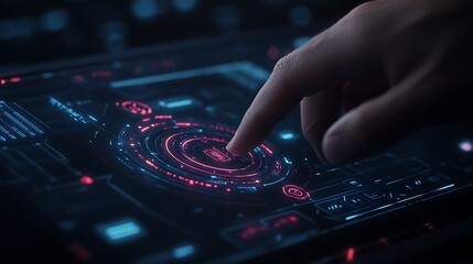 A hand interacts with a futuristic touchscreen display, showcasing vibrant interfaces and digital elements.