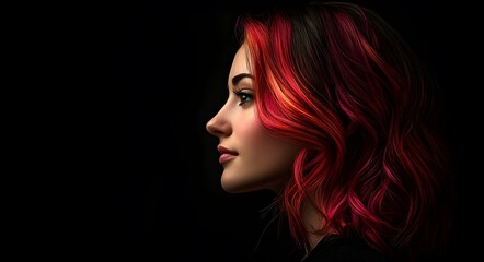 Fototapeta premium A side-profile portrait of a young woman with striking, multi-toned hair. Her hair transitions from deep red at the roots to a vibrant pink at the tips, creating a dynamic and bold effect.