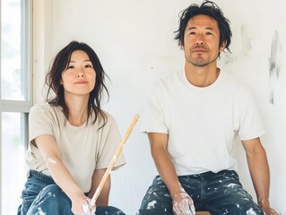 A couple of Asian artists work together in a tranquil, naturally lit studio. Surrounded by brushes and supplies, they embody the essence of collaborative and expressive art.