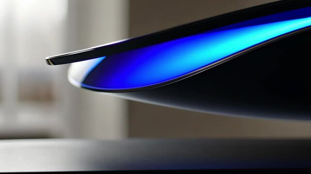 A black speaker with a blue light illuminates the curved surface