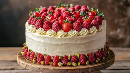 A beautiful layered cake adorned with fresh strawberries and raspberries, showcasing creamy frosting on a rustic wooden cake stand.