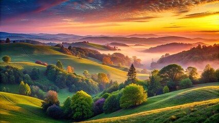 A scenic vista of rolling hills, shrouded in mist, bathed in the golden glow of a sunrise, with vibrant green meadows and scattered trees casting long shadows