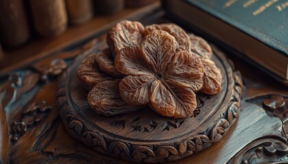 A detailed floral carving on a wooden surface with antique books in the background, showcasing intricate craftsmanship and vintage aesthetics.