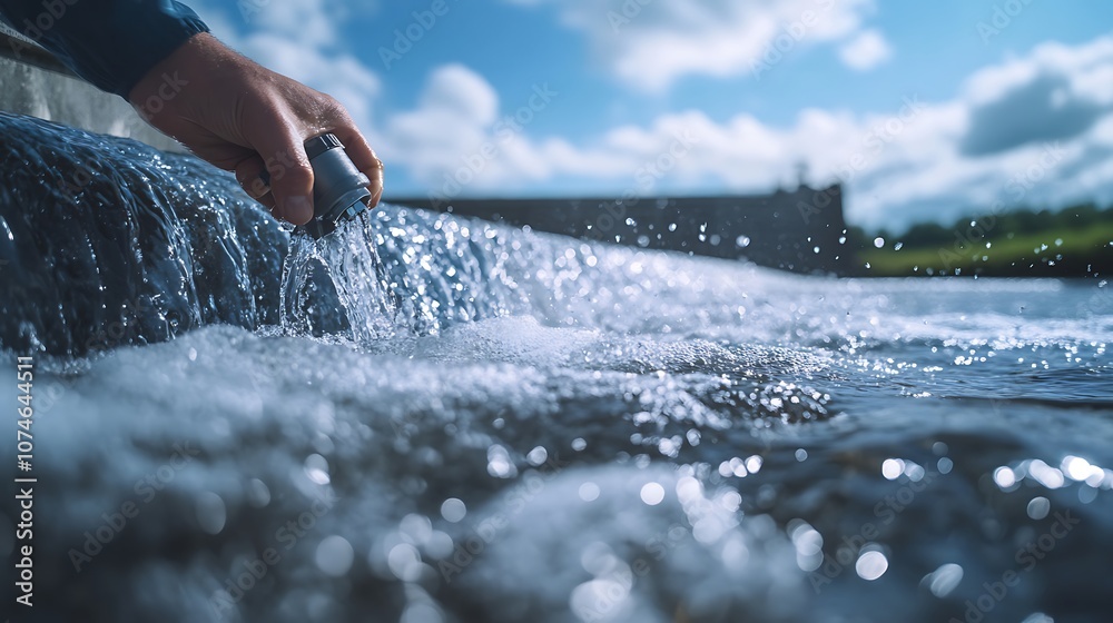 Poster a hand reaches into flowing water, creating ripples against a backdrop of blue skies and lush greene