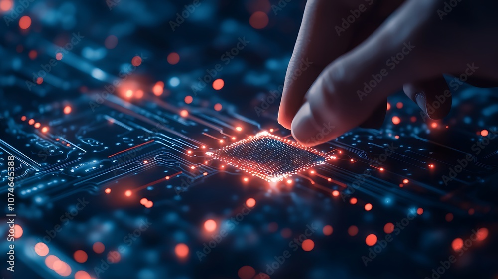 Fototapete a close-up of a hand interacting with a glowing circuit board, illustrating advanced technology and 