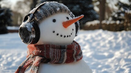 A snowman wearing headphones and a scarf enjoying the winter weather.