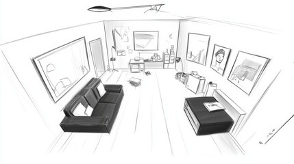 Top down floor plan of a modern artistic loft with minimalist furniture and designated creative zones