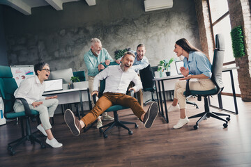 Full size photo of coworking project teamwork people ride armchair cheerful work together conference meeting successful nice light office