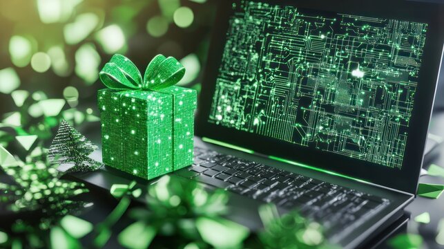 Luminous gift box on laptop with digital graphics