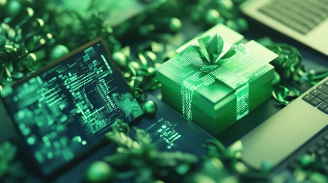 Electronic gift with code display, tech celebration