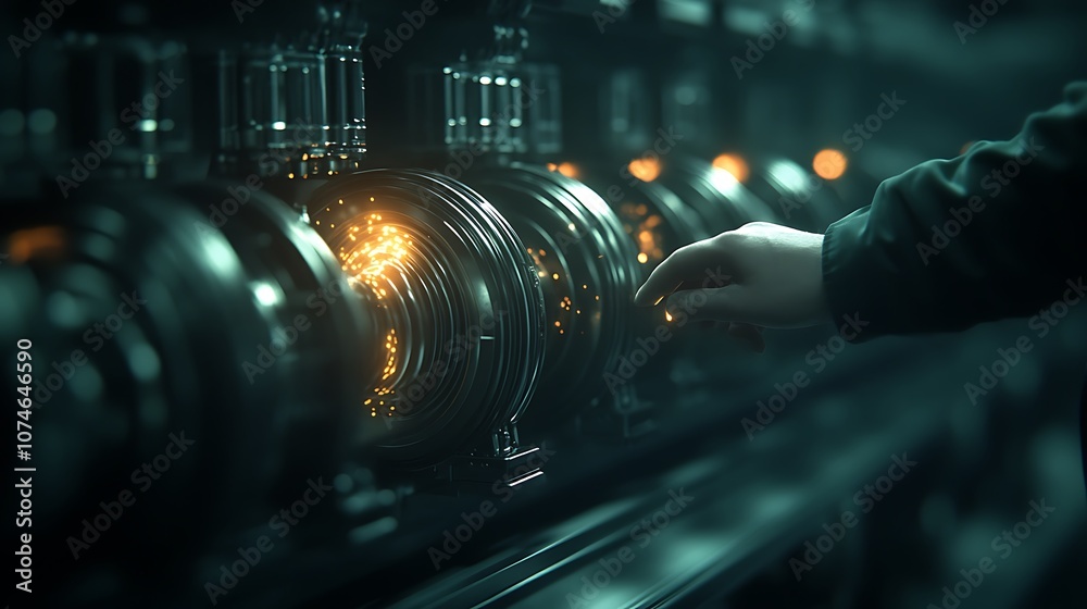 Poster a hand interacts with glowing, mechanical devices in a dark environment, suggesting a blend of techn