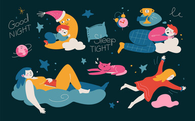 Good night sleep tight - modern colored vector illustration set