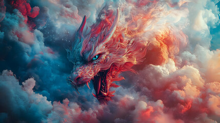 Fiery Dragon Head Illustration in Clouds